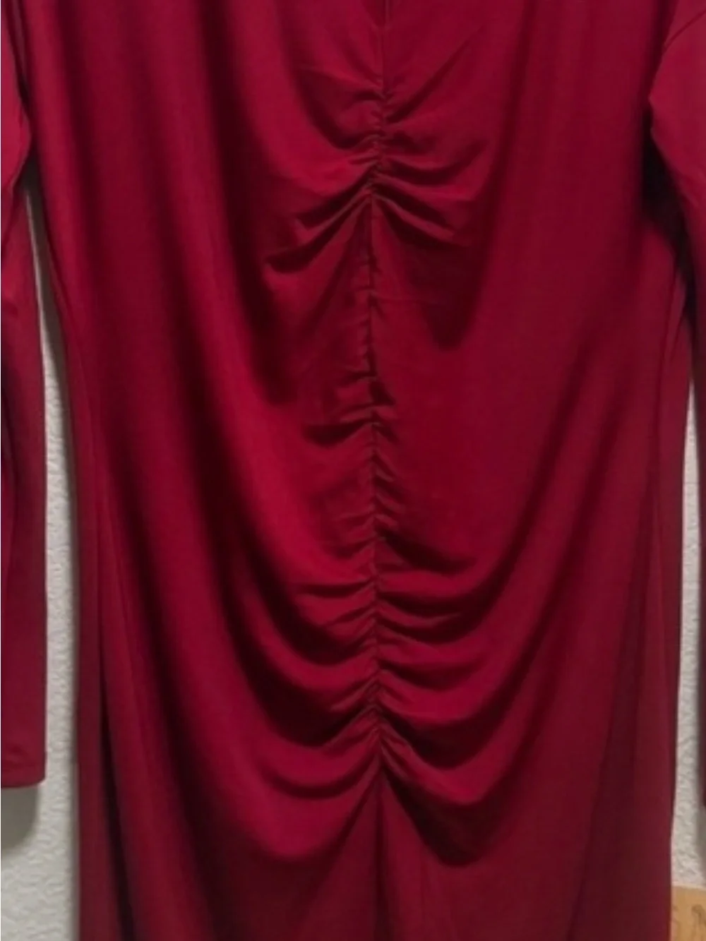 Narciso Rodriguez Ruched V-Neck Long Sleeve Red Sheath Dress